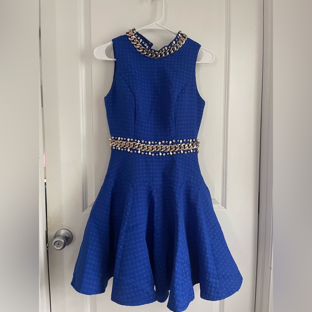 Mac Duggal Blue Midi Dress with Gold Accents